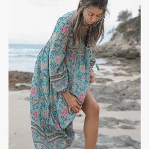 R.Vivimos Boho Dress Sz M Floral Print Retro V Neck Tassel Midi Long Sleeves